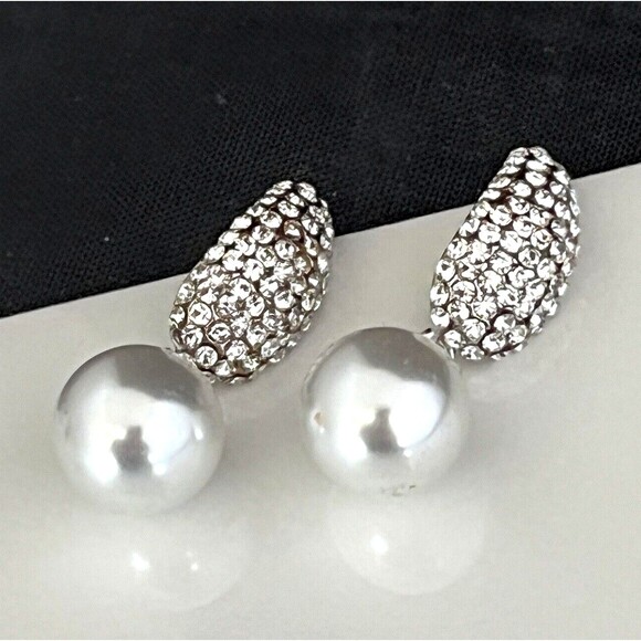 Designer Earrings Silver Tone Crystals Simulated Pearls Dangle Bridal Jewelry 4B - Picture 1 of 6